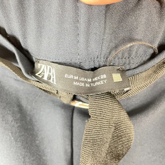 zara navy blue belted pants size M cuffed hems tapered leg elastic waist pockets - Picture 4 of 8